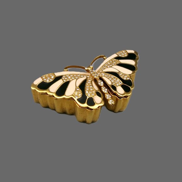 KJL Butterfly Brooch and Trinket Box, Golden Tan Black Enamel & Crystals, Vtg - Picture 1 of 8